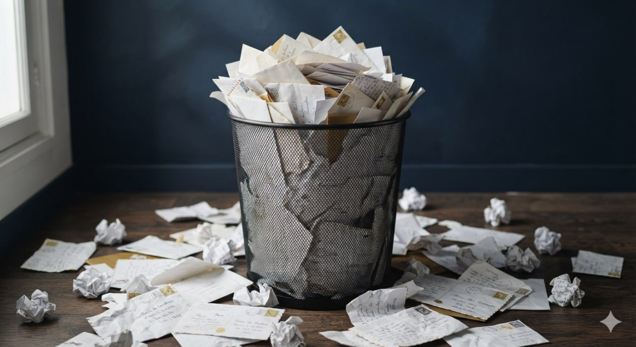 Une corbeille de bureau qui déborde de courriers et d'enveloppes